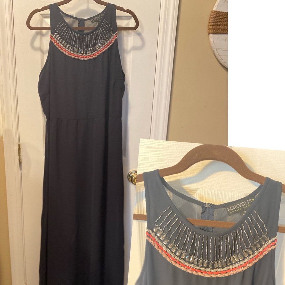 Plus Size Navy with Coral, Light Pink and Grey Beaded/Jewel Neckline Maxi Dress